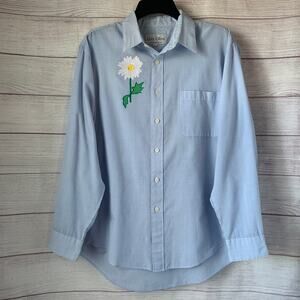 Vintage Las Olas Blue Gingham Check Button Up Shirt Embroidered Daisy Flower L